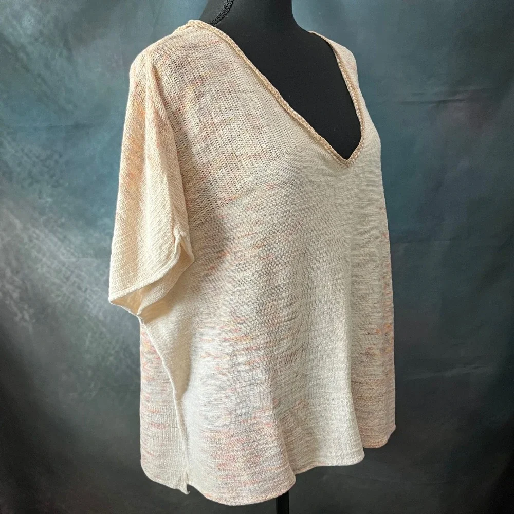Free People Womens Medium Cream Space Dye V-Neck Knit Top‎ Cotton Linen Blend